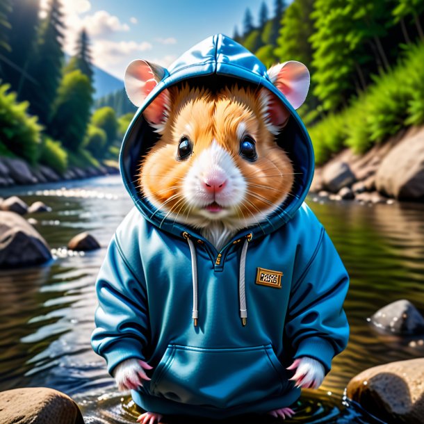 Pic d'un hamster dans un sweat à capuche dans la rivière