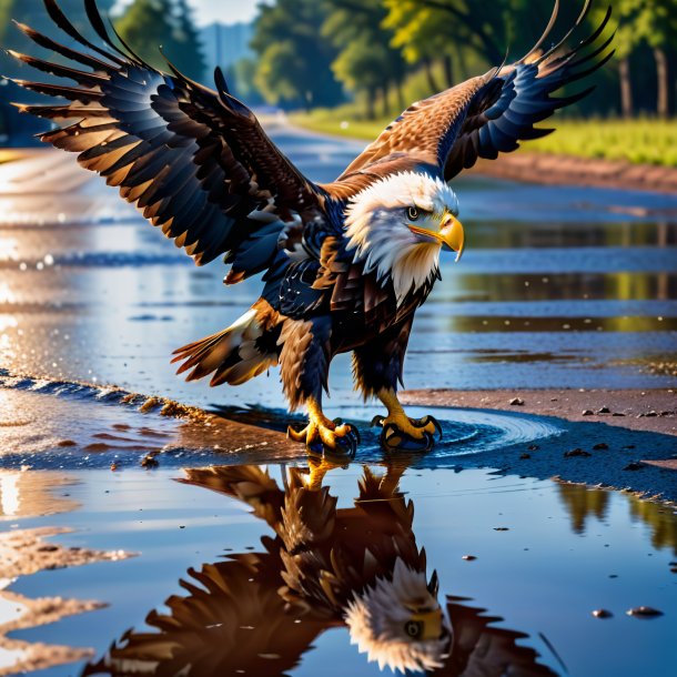 Pic of a threatening of a eagle in the puddle