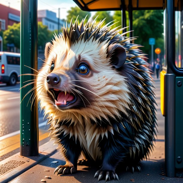 Imagem de um choro de um porco-espinho no ponto de ônibus