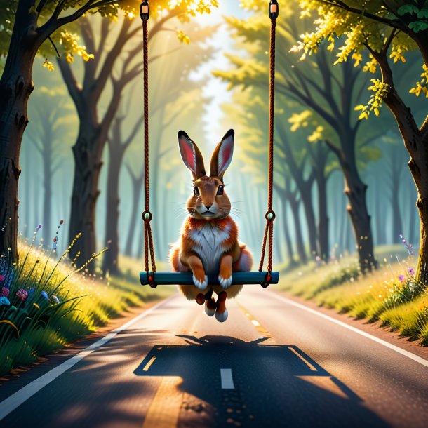 Picture of a swinging on a swing of a hare on the road