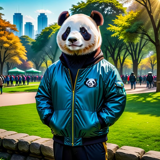 Pic of a giant panda in a jacket in the park