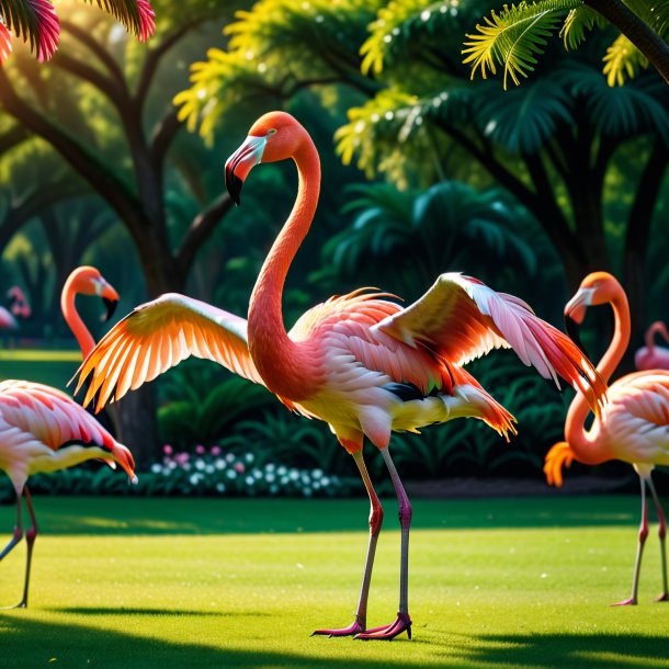 Photo of a dancing of a flamingo in the park