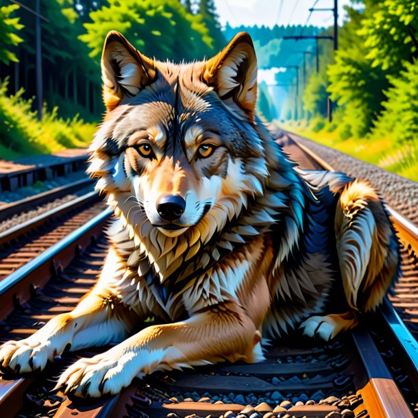 Pic of a resting of a wolf on the railway tracks