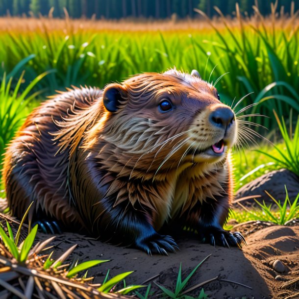 Image of a resting of a beaver on the field