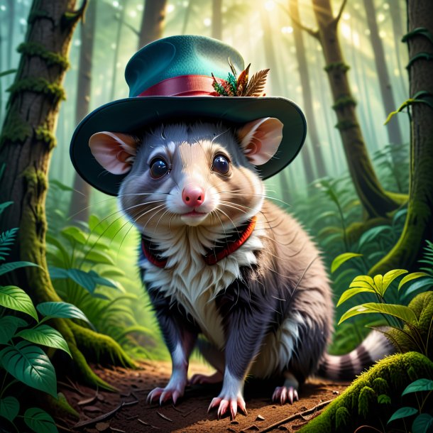 Illustration d'un opossum dans un chapeau dans la forêt