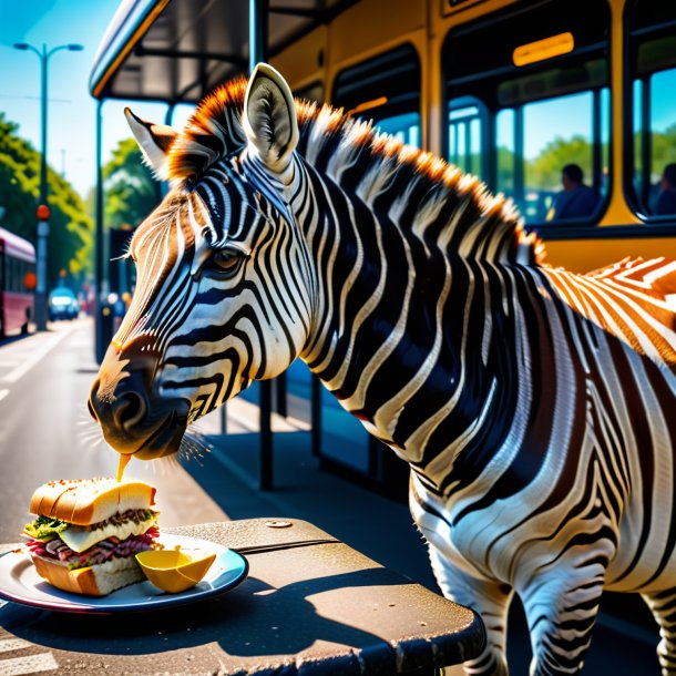 Foto de um comer de uma zebra no ponto de ônibus