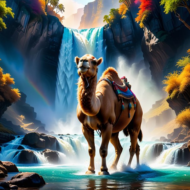 Picture of a threatening of a camel in the waterfall