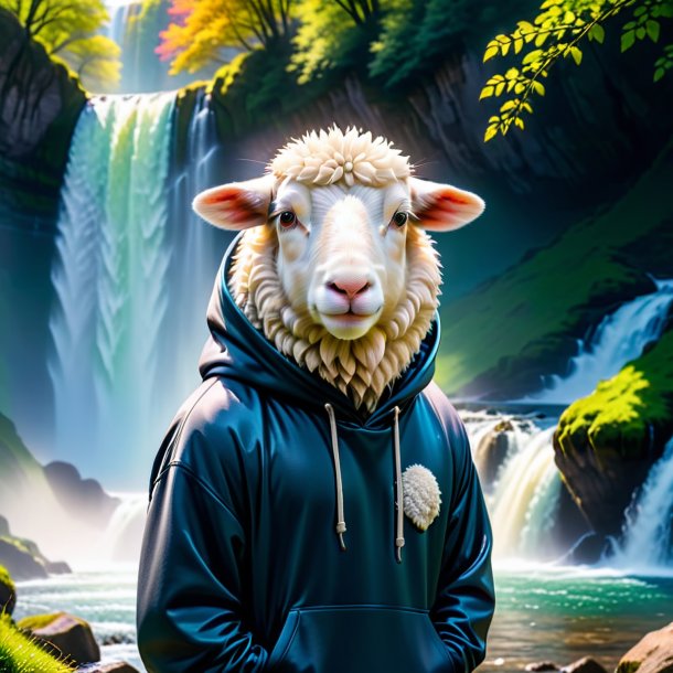 Photo of a sheep in a hoodie in the waterfall