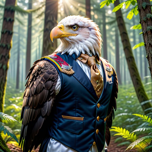 Pic of a eagle in a vest in the forest