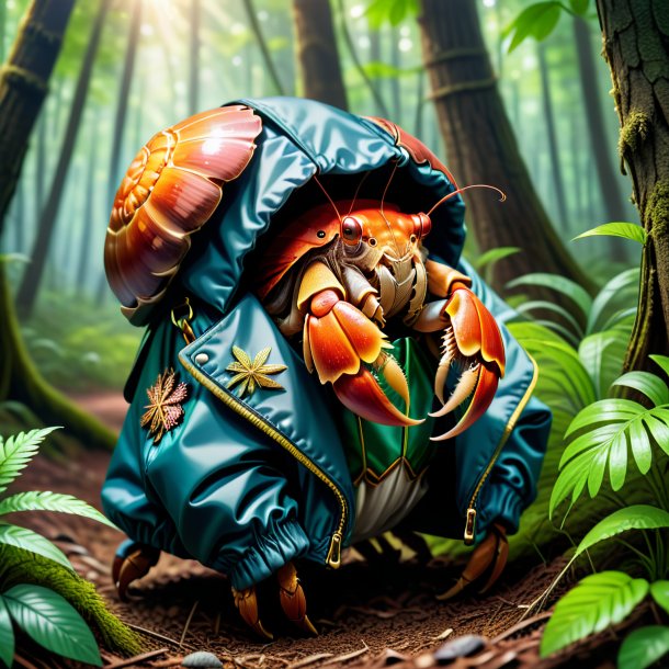 Illustration of a hermit crab in a jacket in the forest