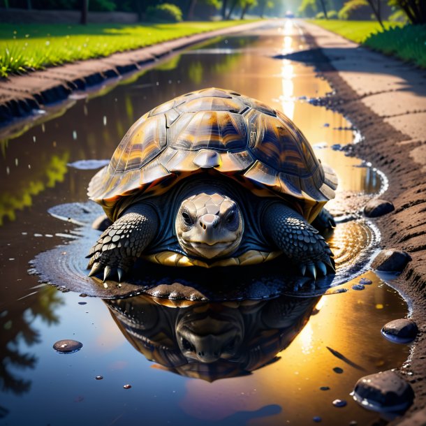 Foto de una tortuga en un vestido en el charco