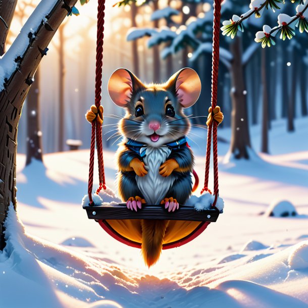 Picture of a swinging on a swing of a mouse in the snow