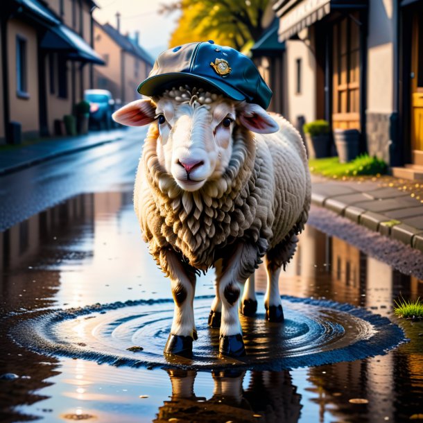 Picture of a sheep in a cap in the puddle