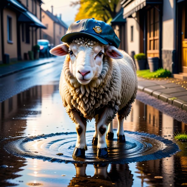 Image d'un mouton dans une casquette dans la flaque