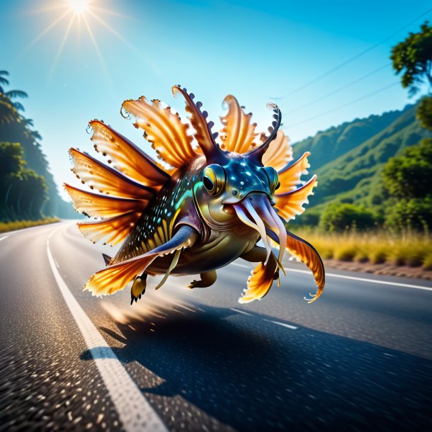 Picture of a jumping of a cuttlefish on the road