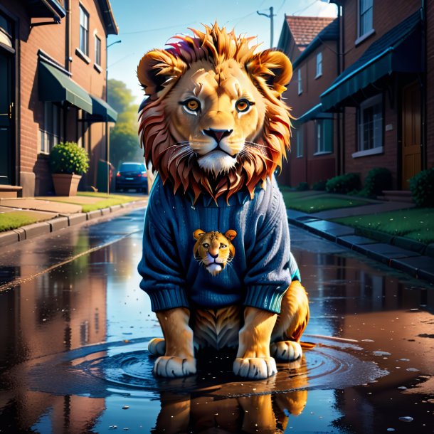 Illustration of a lion in a sweater in the puddle