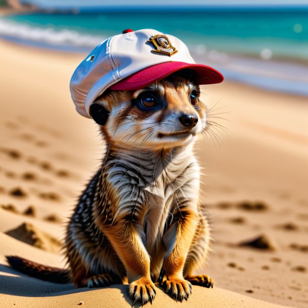 Image of a meerkat in a cap on the beach