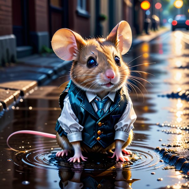 Image of a mouse in a vest in the puddle