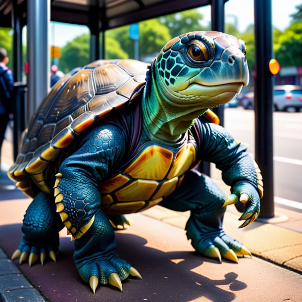 Foto de una tortuga en un pantalón en la parada de autobús