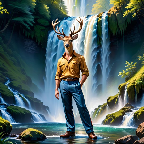 Image of a deer in a trousers in the waterfall