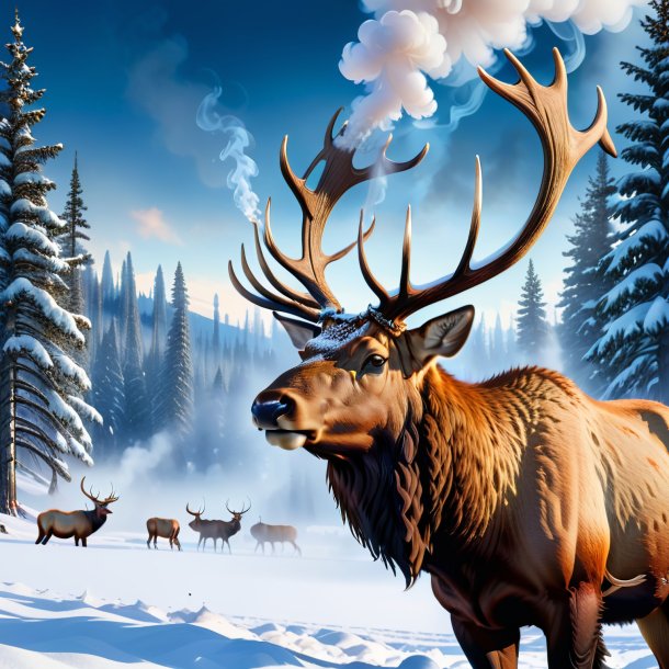 Image of a smoking of a elk in the snow