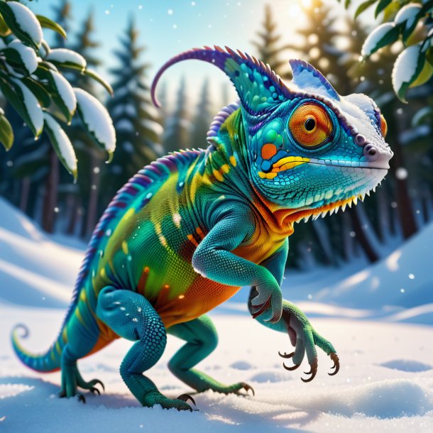 Picture of a dancing of a chameleon in the snow