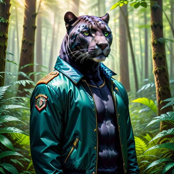 Photo of a panther in a jacket in the forest