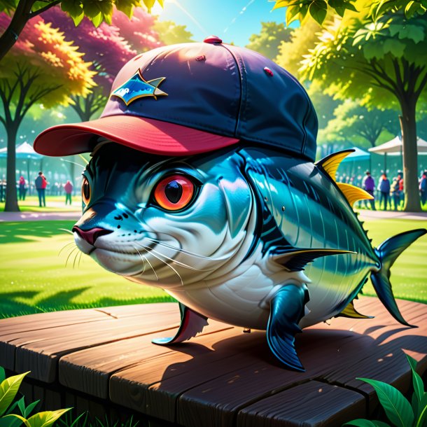 Illustration of a tuna in a cap in the park