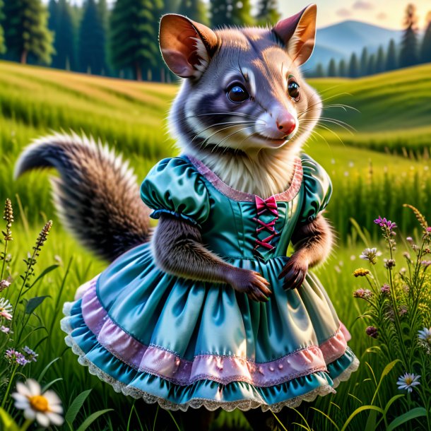 Photo of a possum in a dress in the meadow