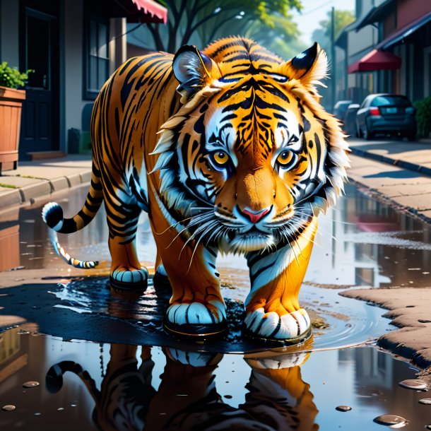 Drawing of a tiger in a shoes in the puddle