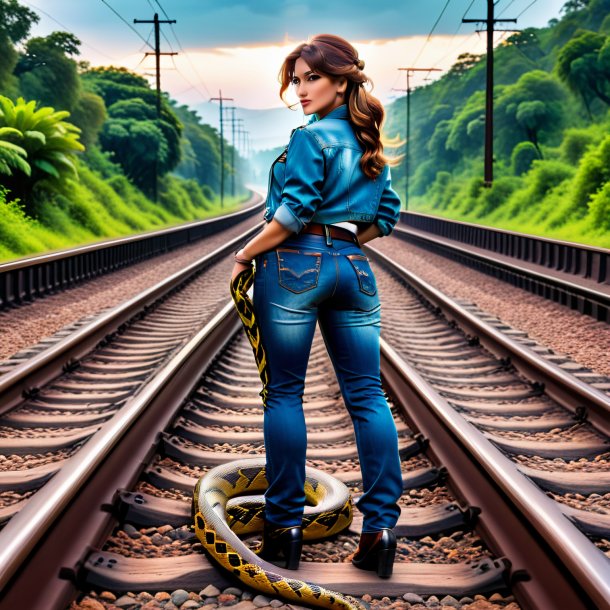 Photo of a snake in a jeans on the railway tracks