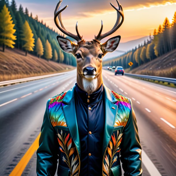 Photo of a deer in a jacket on the highway