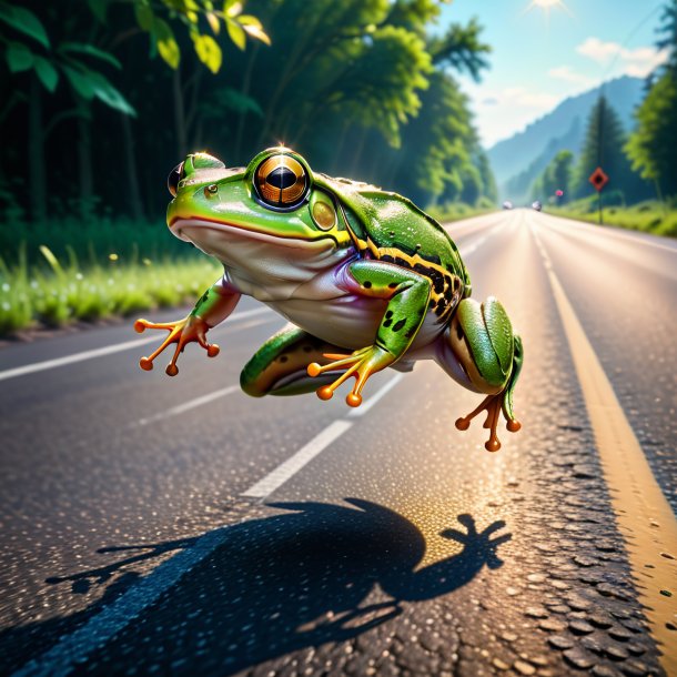 Image of a jumping of a frog on the road