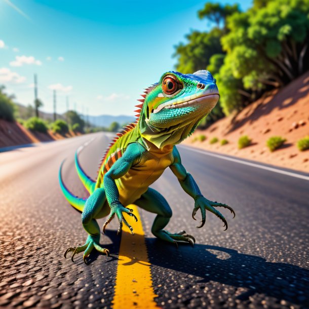 Photo d'un saut d'un lézard sur la route