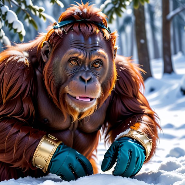 Pic of a orangutan in a gloves in the snow