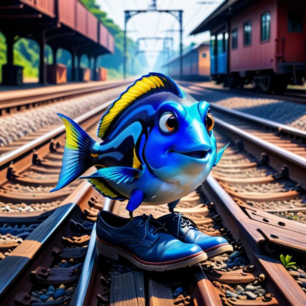 Photo of a blue tang in a shoes on the railway tracks