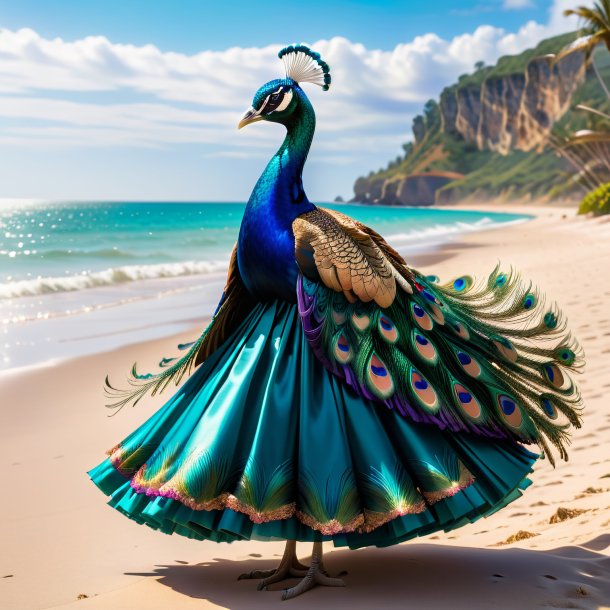 Foto de un pavo real en una falda en la playa