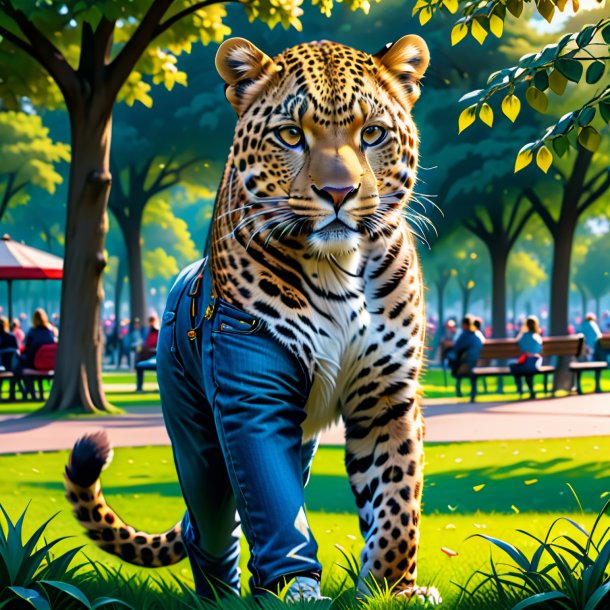 Dibujo de un leopardo en un jeans en el parque