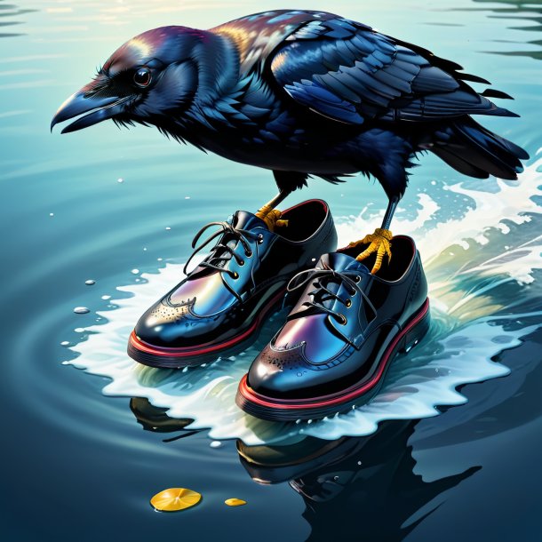 Ilustración de un cuervo en los zapatos en el agua