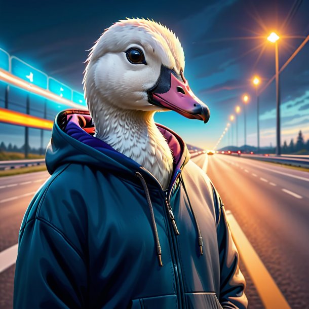 Ilustração de um ganso em um hoodie na estrada