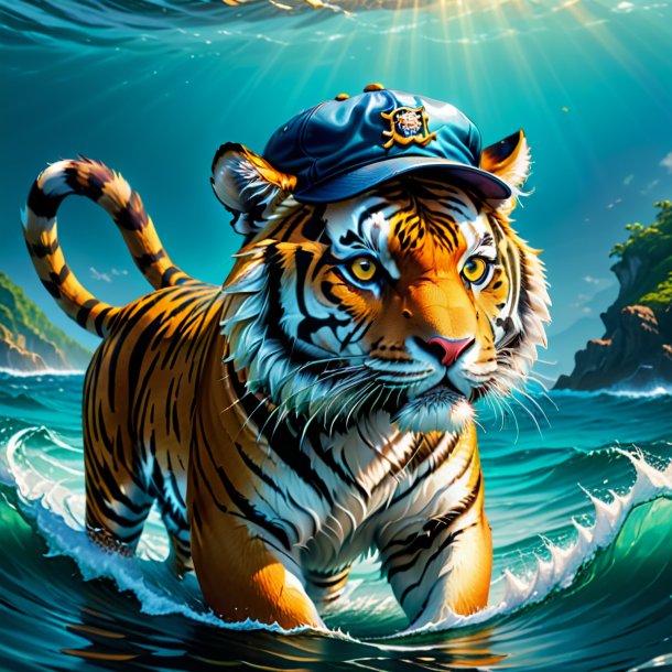 Illustration d'un tigre dans une casquette dans la mer