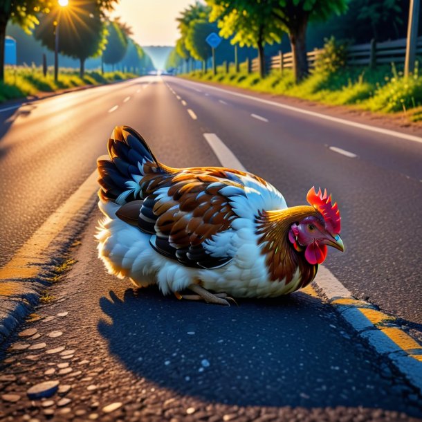 Pic d'une poule endormie sur la route