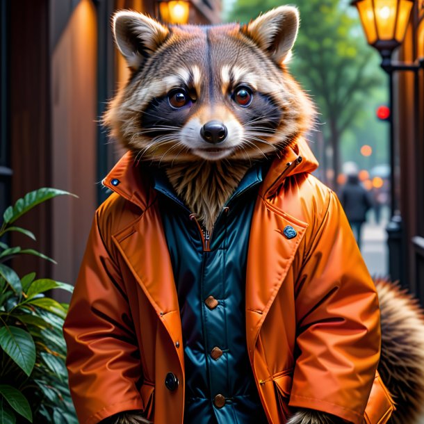 Foto de un mapache en un abrigo de naranja