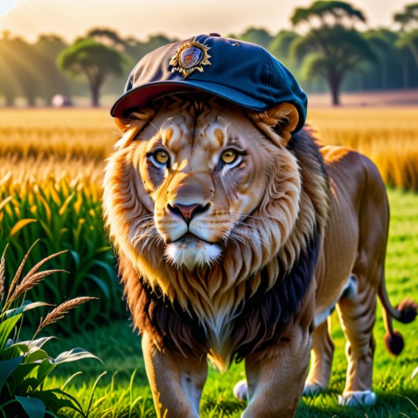 Photo of a lion in a cap on the field