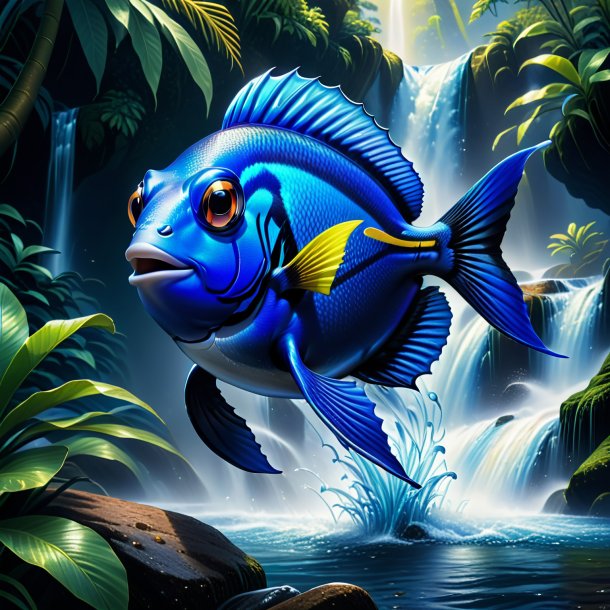 Illustration of a blue tang in a jeans in the waterfall