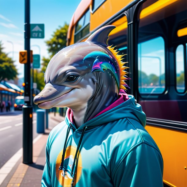 Imagem de um golfinho em um hoodie no ponto de ônibus