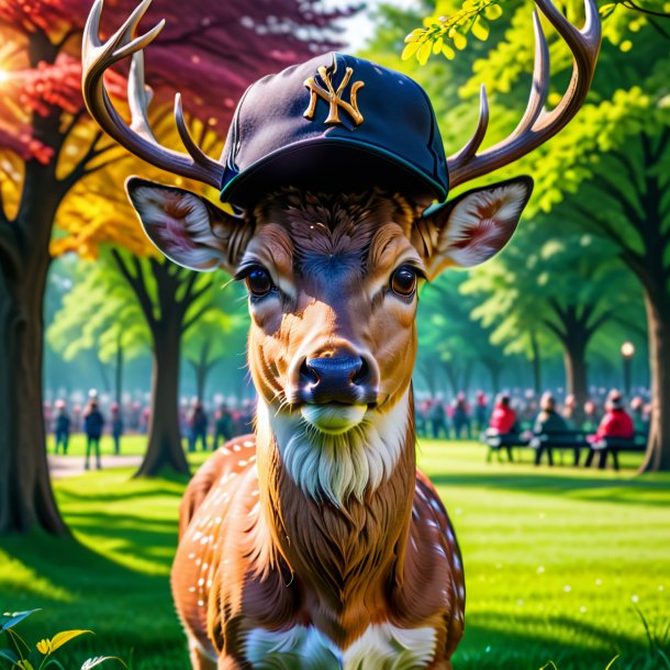 Imagen de un ciervo en una gorra en el parque