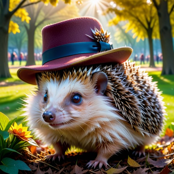 Photo of a hedgehog in a hat in the park