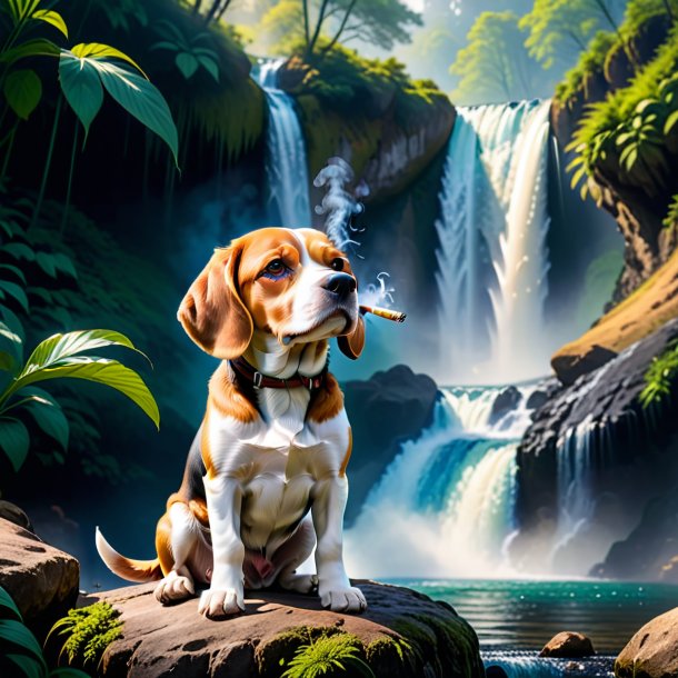 Photo of a smoking of a beagle in the waterfall