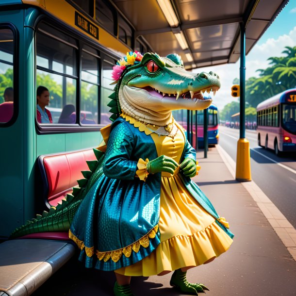 Imagem de um crocodilo em um vestido no ponto de ônibus